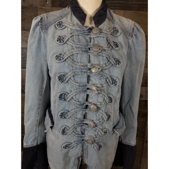 Free People Seamed Structured Military Blue Denim Jacket Women's Size Medium - Picture 2 of 10